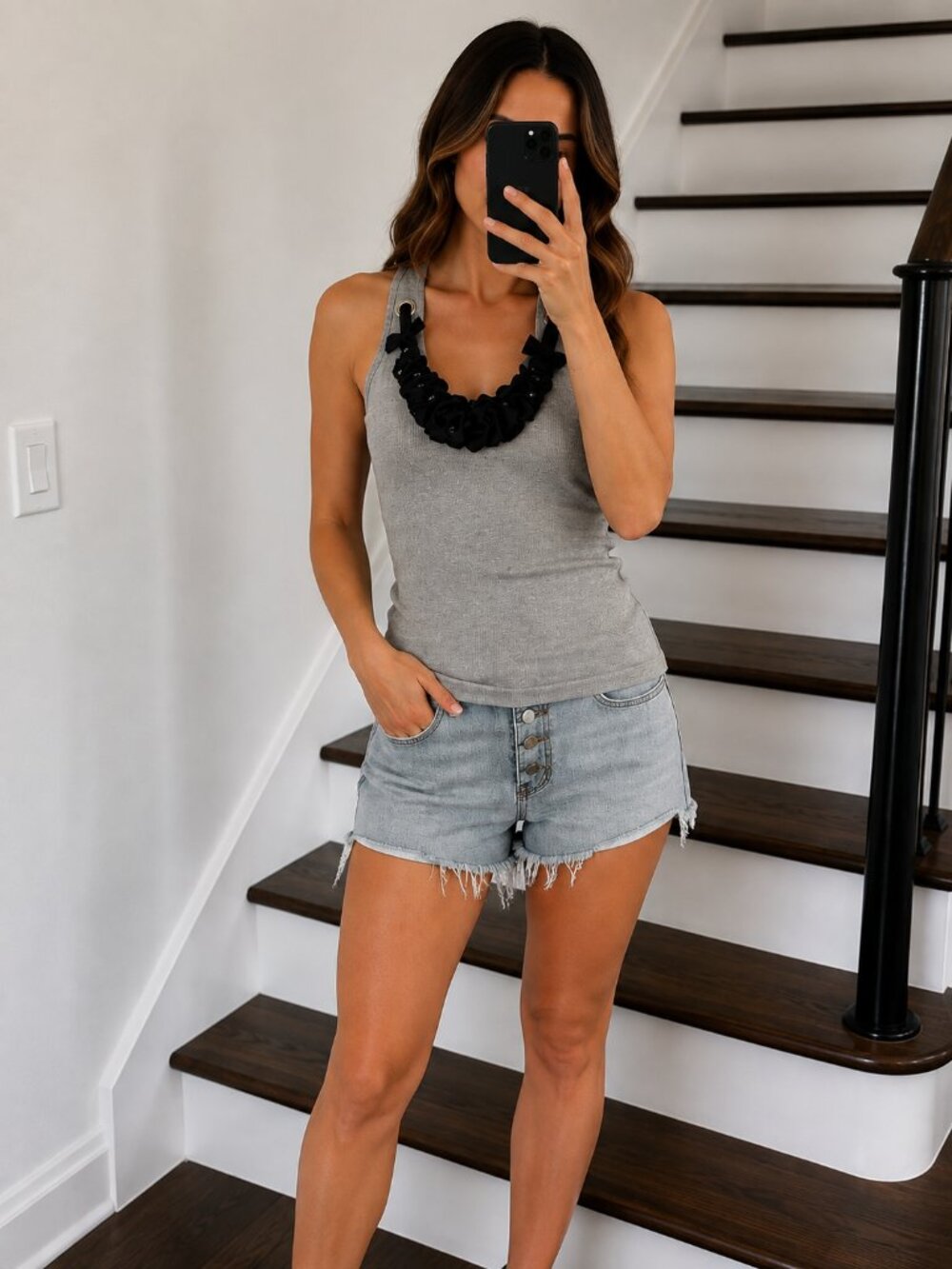 Gray Ribbed Tank Top Black Satin Ruffle Grommet Neckline Y2K